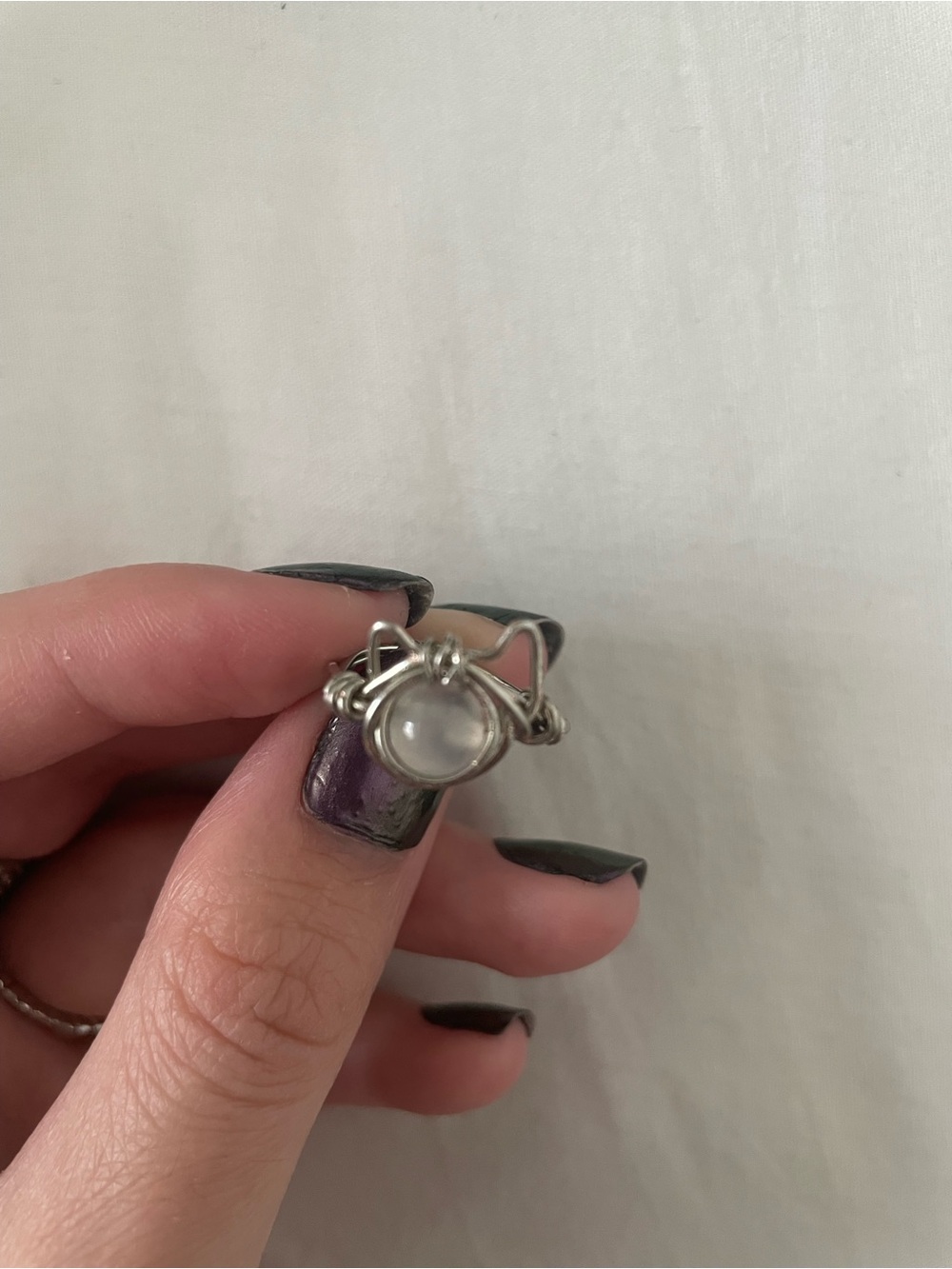 Handcrafted Silver Moonstone Wire-Wrap Ring - Silver / White